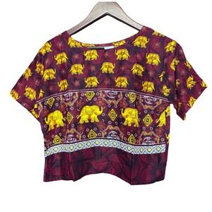 Red Rose Thailand Elephant Print Crop Top Burgundy Gold Boho Short Sleeve Boxy